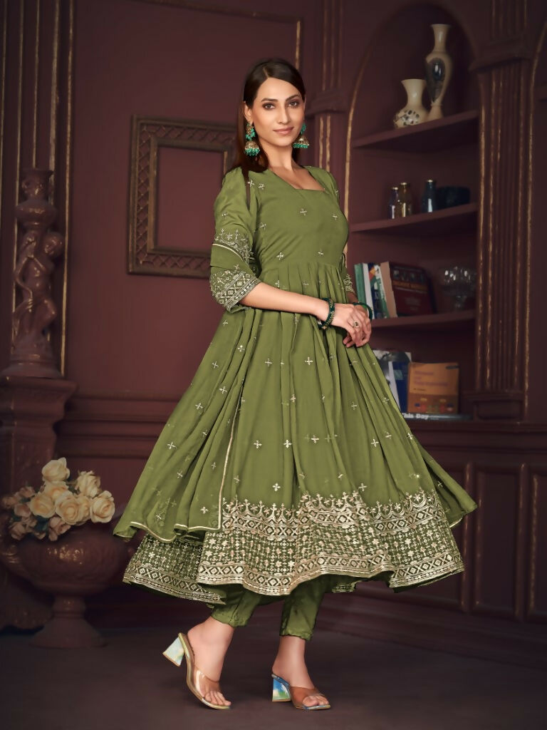 Jyoti Fashion Women's Olive Green Georgette Embroidered Anarkali Kurta Pant Set With Dupatta - Distacart