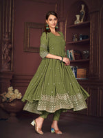 Thumbnail for Jyoti Fashion Women's Olive Green Georgette Embroidered Anarkali Kurta Pant Set With Dupatta - Distacart