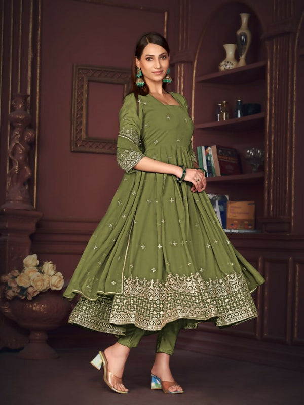 Jyoti Fashion Women's Olive Green Georgette Embroidered Anarkali Kurta Pant Set With Dupatta - Distacart