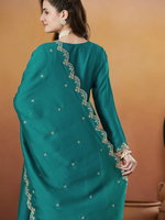 Thumbnail for The52 Rama Women's Beautiful Vichitra Silk Fabric Embroidered Work Flared Anarkali Pant and Dupatta Set - Distacart