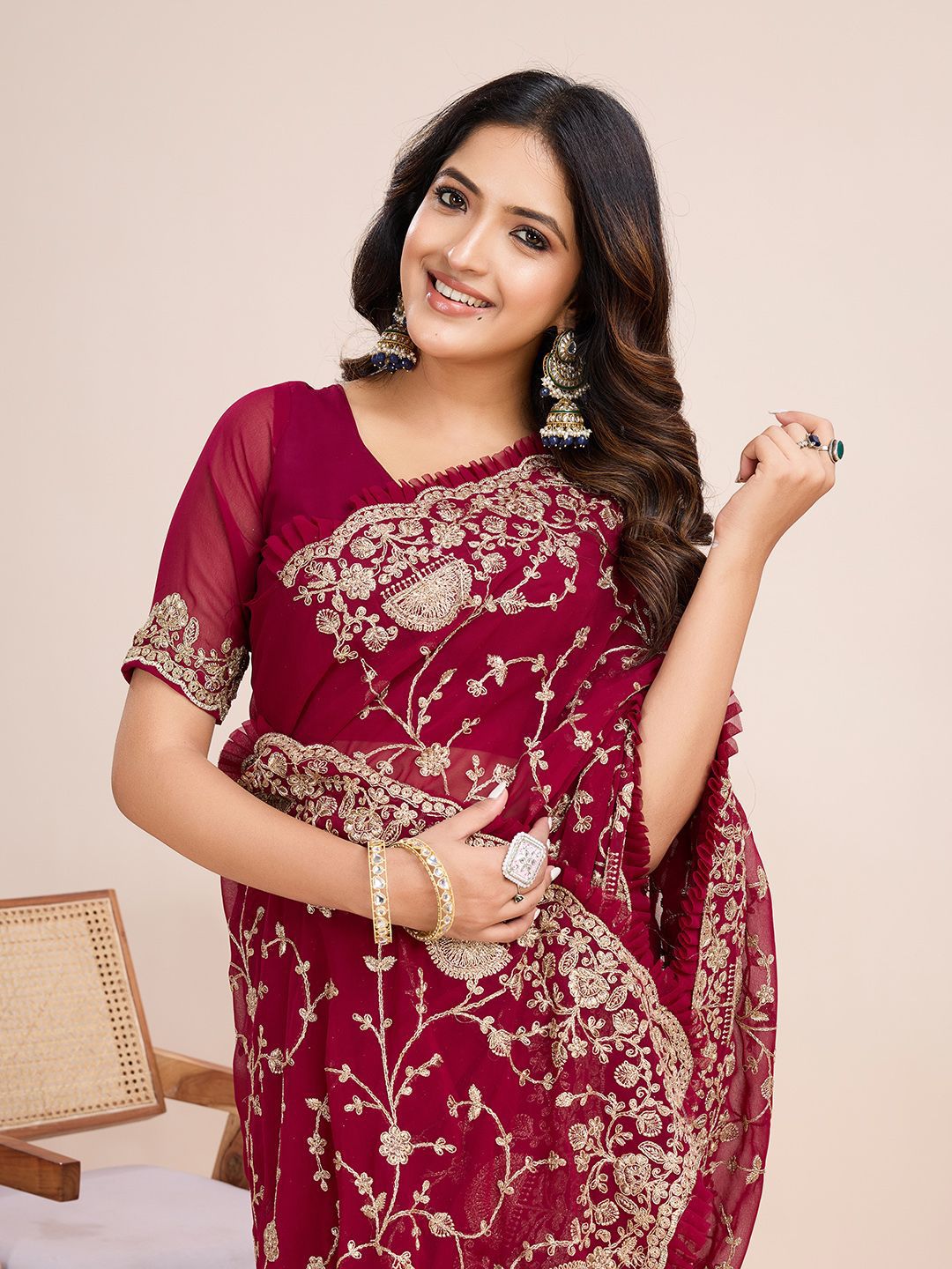 kasee Floral Embroidered Pure Georgette Ready to Wear Saree - Distacart