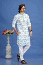 Thumbnail for Raivat Ethnic Cotton Embroidery Kurta Pajama In Sky Blue Colour - Dista