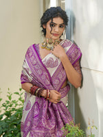 Thumbnail for Shree Shyam Fashion Cream With Purple Silk Blend Saree - Distacart