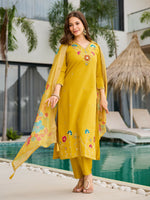 Thumbnail for The52 Yellow Women's Gorgeous Embroidered work Viscose Gadhwal Fabric Straight Kurta, Pant and Dupatta Set - Distacart