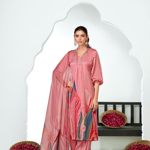 BulBul Shama Peach Silk Kurta Set with Dupatta