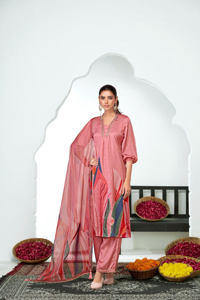 BulBul Shama Peach Silk Kurta Set with Dupatta