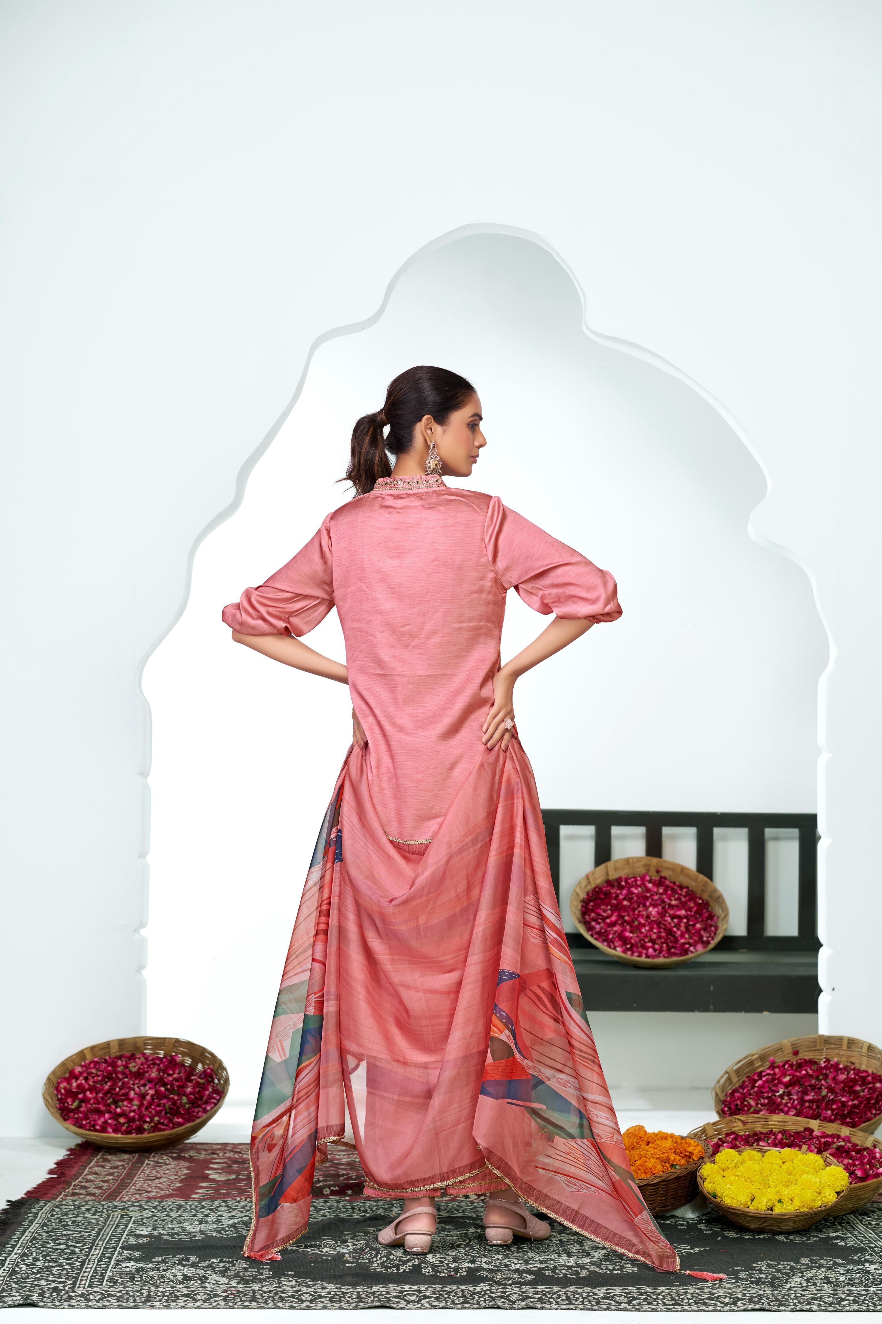 BulBul Shama Peach Silk Kurta Set with Dupatta