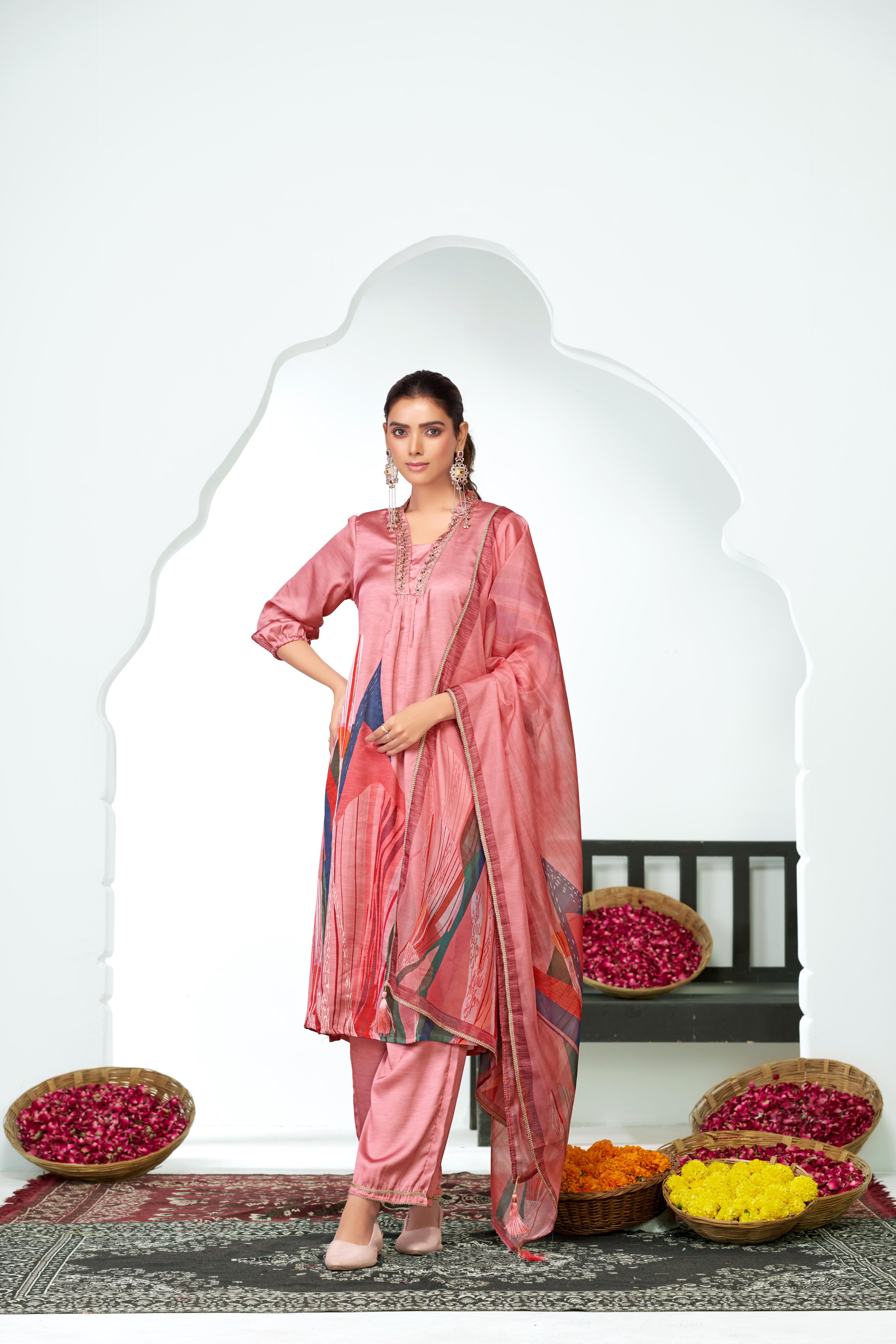 BulBul Shama Peach Silk Kurta Set with Dupatta