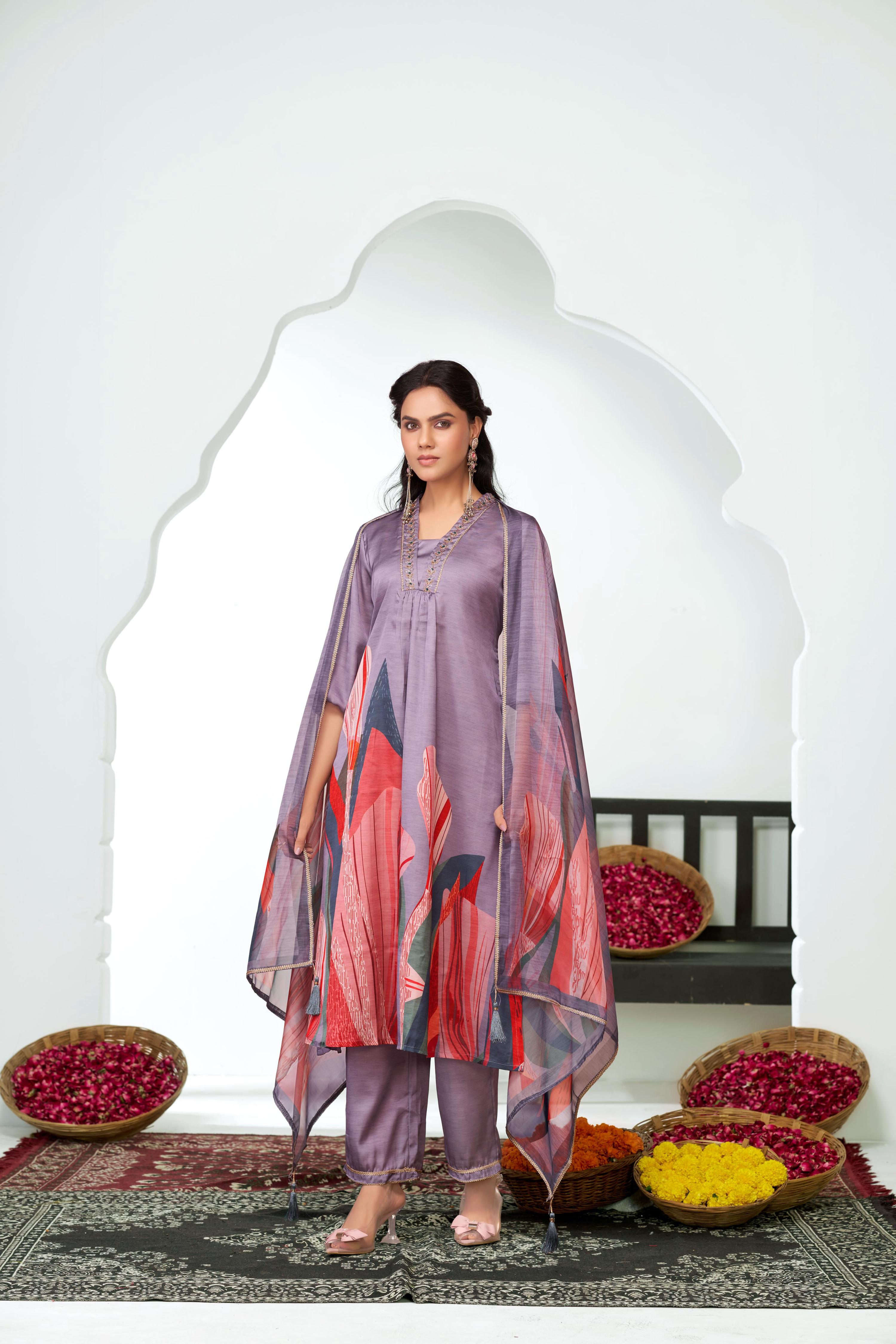 BulBul Shama Purples Silk Kurta Set with Dupatta