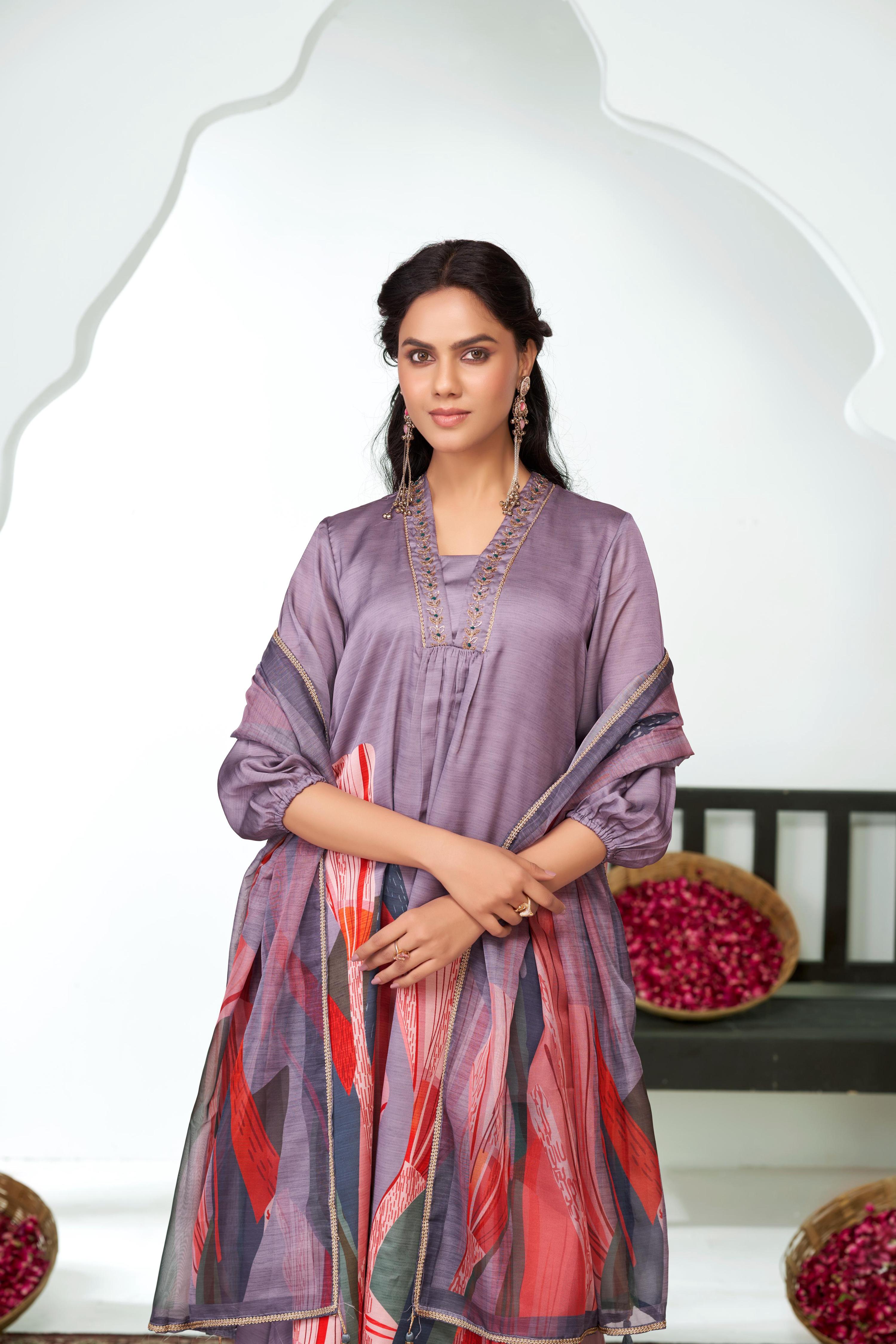 BulBul Shama Purples Silk Kurta Set with Dupatta