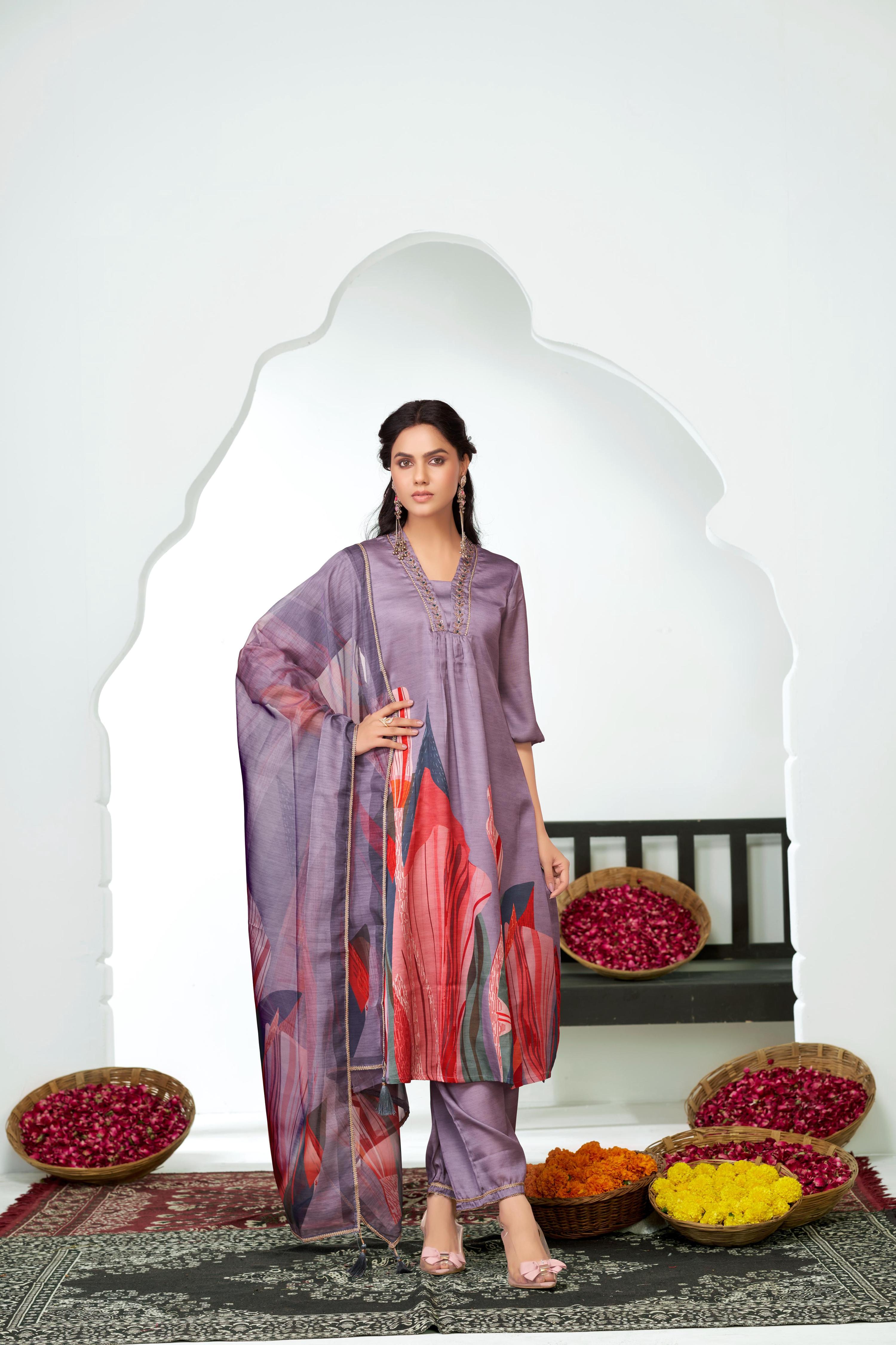 BulBul Shama Purples Silk Kurta Set with Dupatta