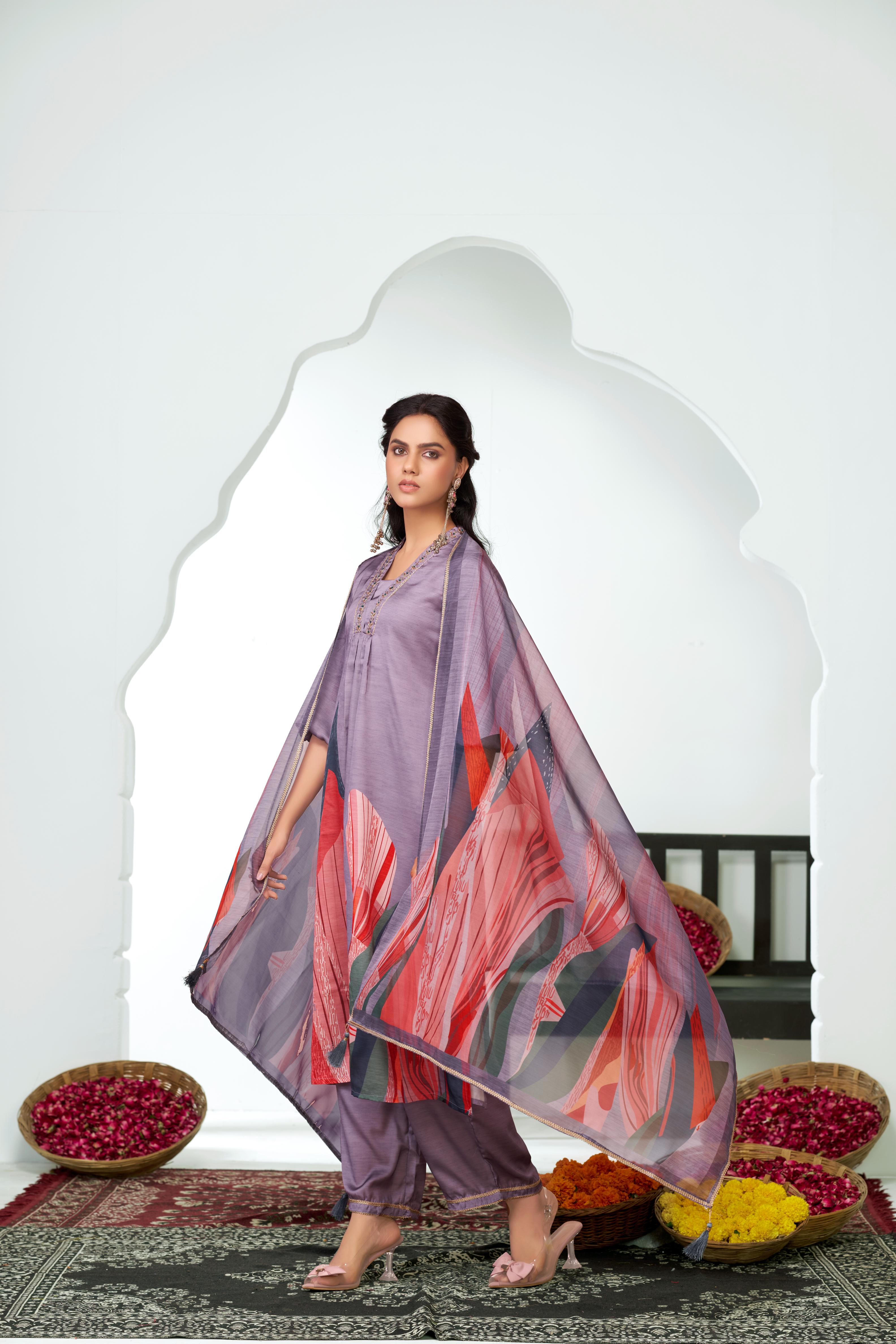 BulBul Shama Purples Silk Kurta Set with Dupatta