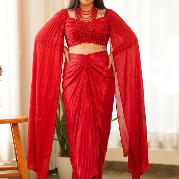 Vegaa Fashion Red Beads Chinon Silk Indo Western Suit - Dista