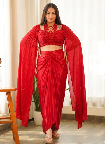 Vegaa Fashion Red Beads Chinon Silk Indo Western Suit - Dista