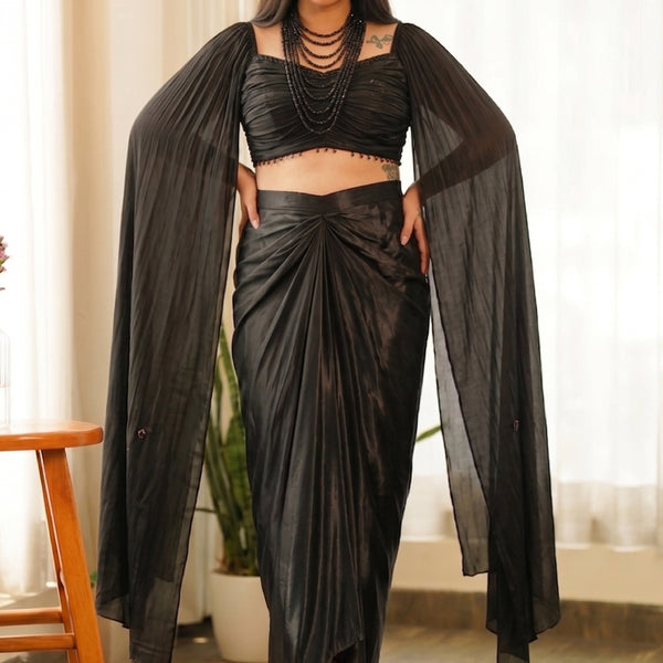 Vegaa Fashion Black Beads Chinon Silk Indo Western Suit - Dista