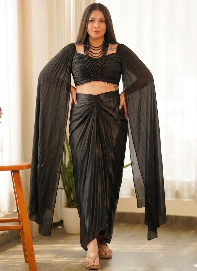 Vegaa Fashion Black Beads Chinon Silk Indo Western Suit - Dista