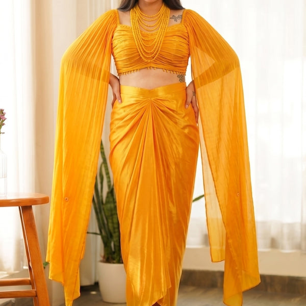 Vegaa Fashion Yellow Beads Chinon Silk Indo Western Suit - Dista