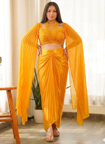 Vegaa Fashion Yellow Beads Chinon Silk Indo Western Suit - Dista