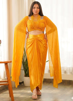 Thumbnail for Vegaa Fashion Yellow Beads Chinon Silk Indo Western Suit - Dista