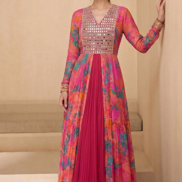 Vegaa Fashion Multicolor Real Mirraw Georgette Gown Suit - Dista
