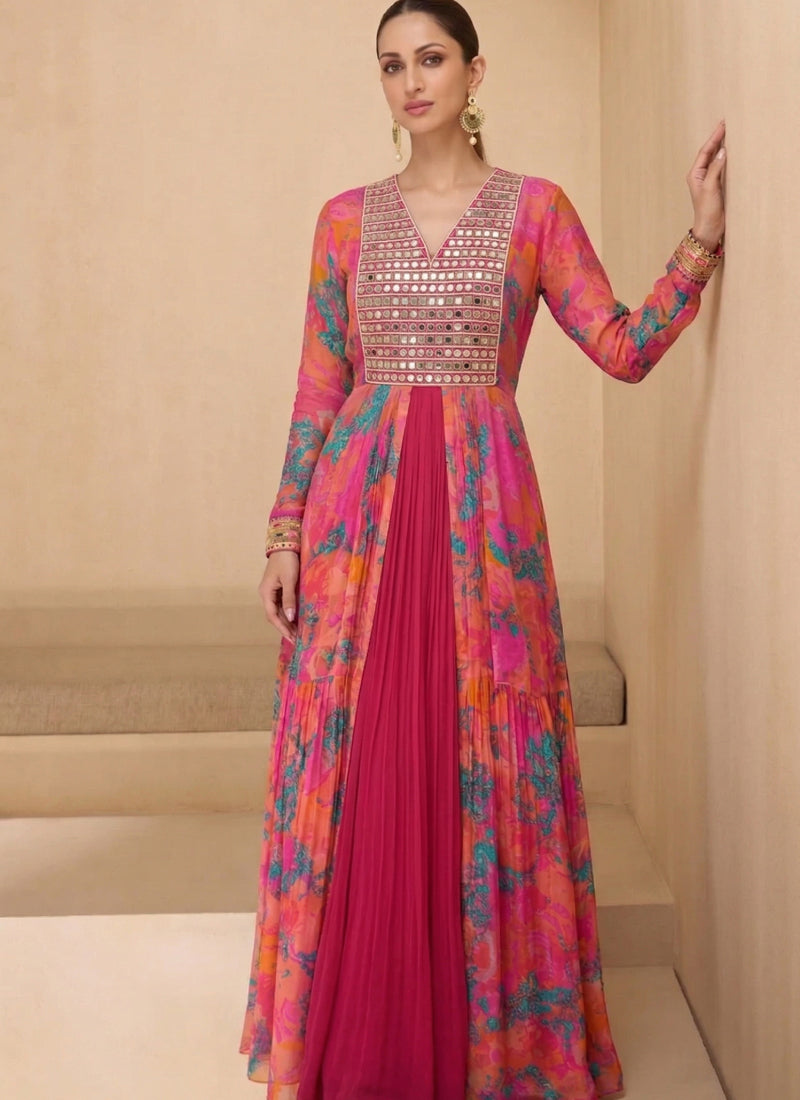 Vegaa Fashion Multicolor Real Mirraw Georgette Gown Suit - Dista