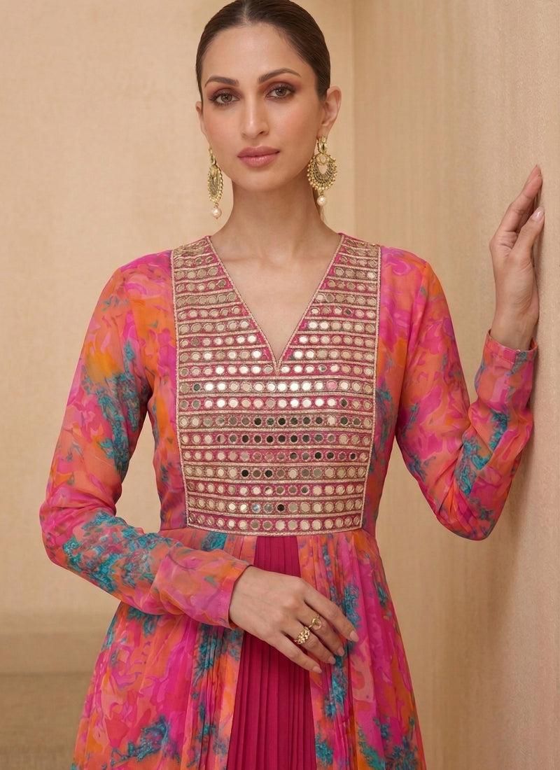 Vegaa Fashion Multicolor Real Mirraw Georgette Gown Suit - Dista