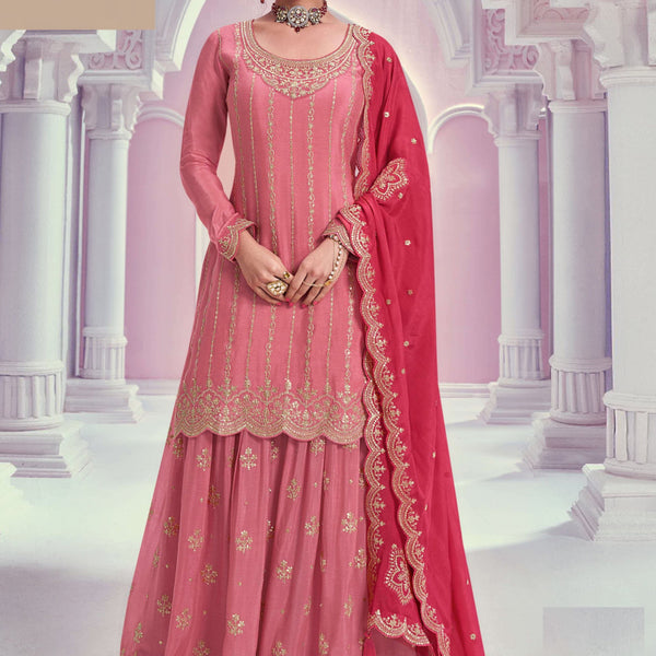 Vegaa Fashion Peach Zari Chinon Silk Palazzo Suit - Dista