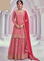 Thumbnail for Vegaa Fashion Peach Zari Chinon Silk Palazzo Suit - Dista