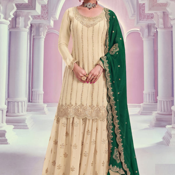 Vegaa Fashion Cream Zari Chinon Silk Palazzo Suit - Dista