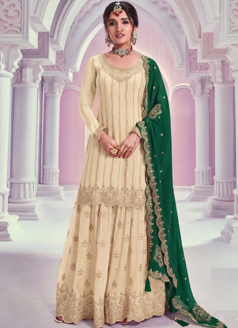 Vegaa Fashion Cream Zari Chinon Silk Palazzo Suit - Dista