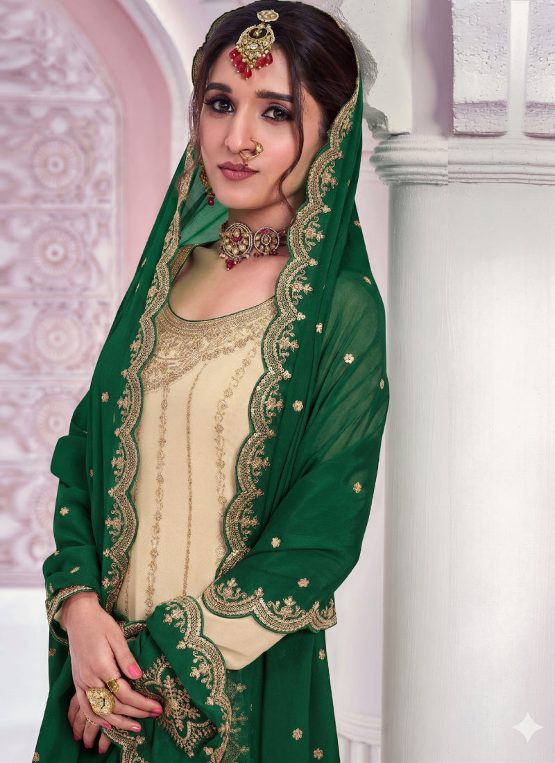 Vegaa Fashion Cream Zari Chinon Silk Palazzo Suit - Dista