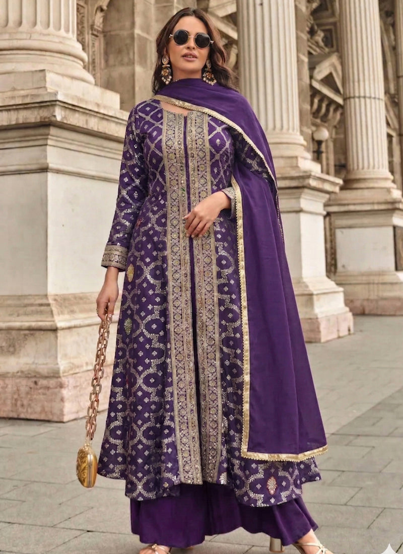 Vegaa Fashion Purple Zari Jacquard Anarkali Suit - Dista
