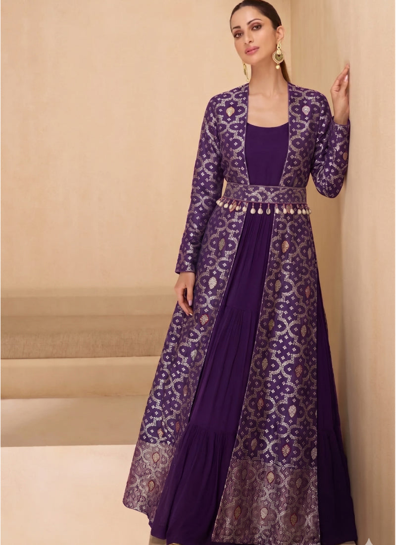 Vegaa Fashion Purple Brocade Georgette Gown Suit - Dista