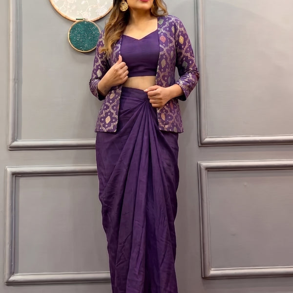Vegaa Fashion Purple Brocade Chinon Silk Indo Western Suit - Dista