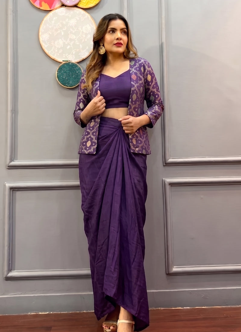 Vegaa Fashion Purple Brocade Chinon Silk Indo Western Suit - Dista