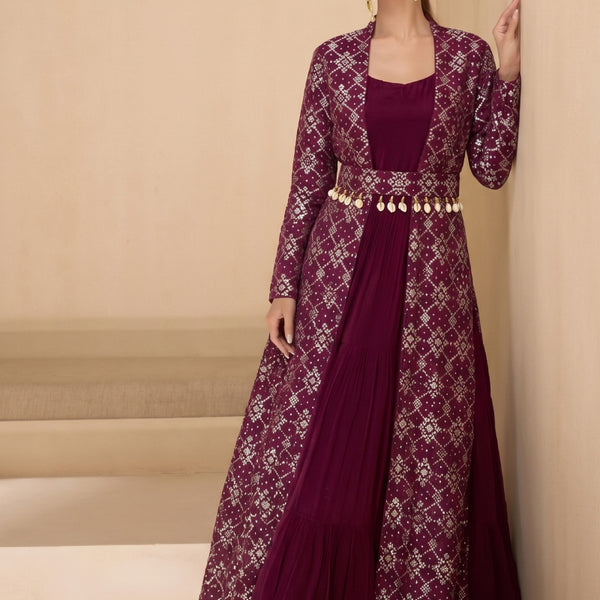 Vegaa Fashion Wine Brocade Jacquard Indo Western Suit - Dista