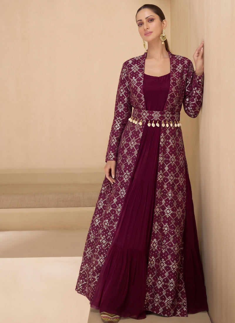 Vegaa Fashion Wine Brocade Jacquard Indo Western Suit - Dista