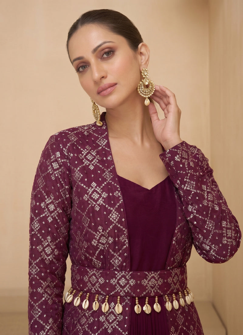 Vegaa Fashion Wine Brocade Jacquard Indo Western Suit - Dista