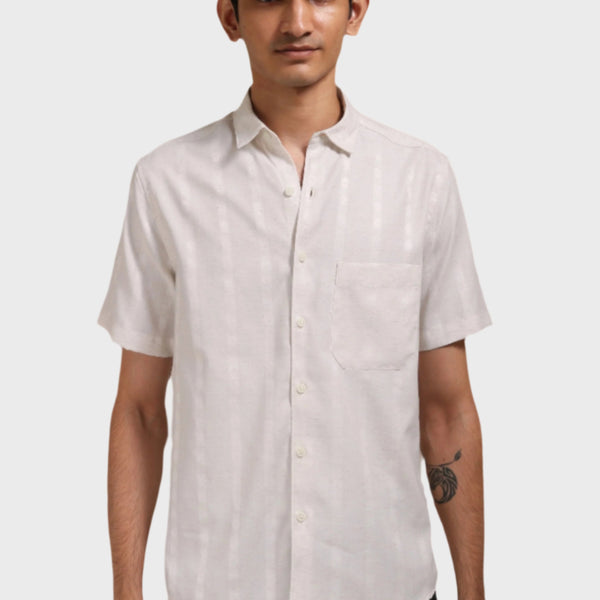 Xkind Off White Self Stripes Regular Fit Shirt