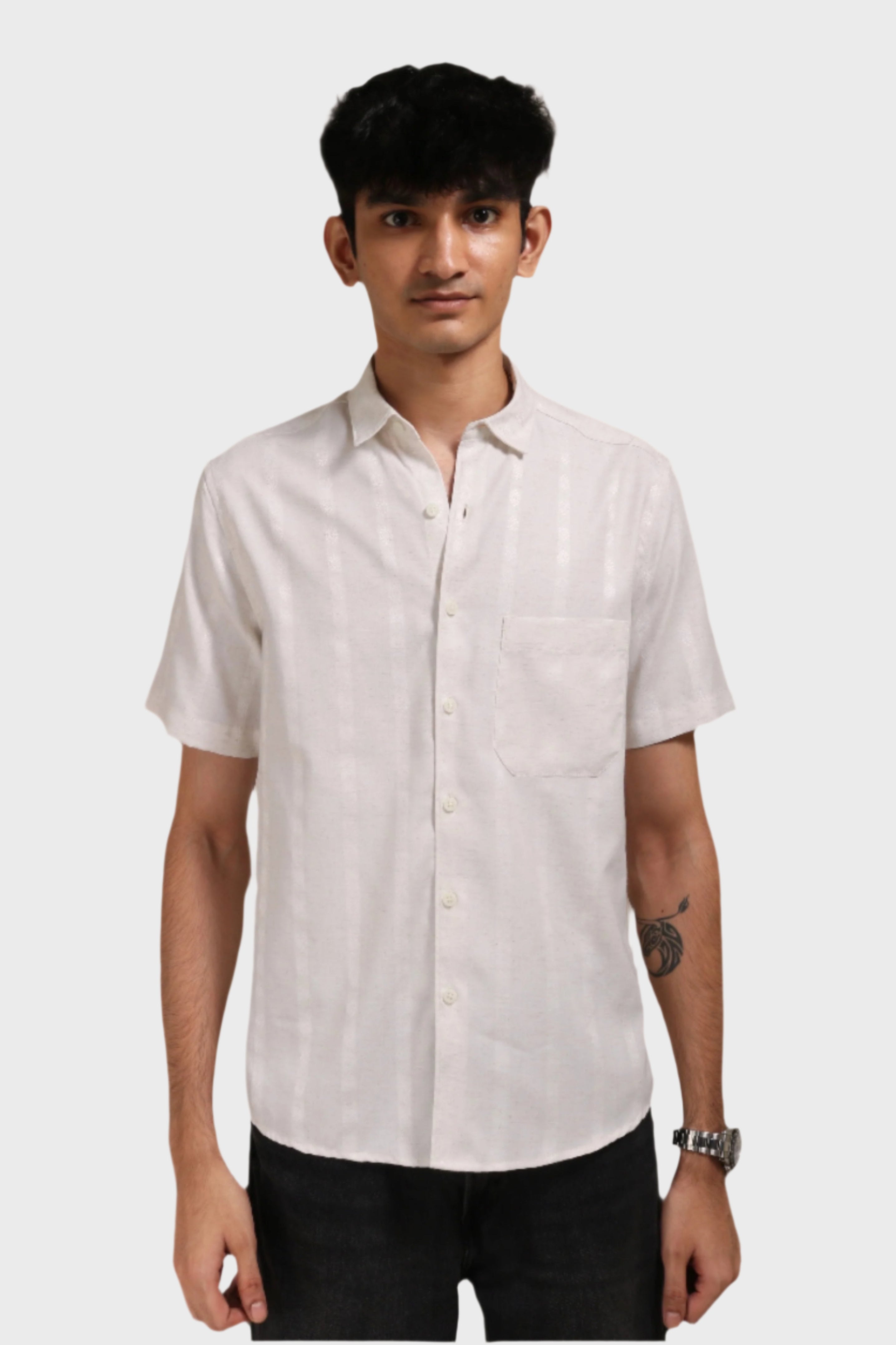 Xkind Off White Self Stripes Regular Fit Shirt