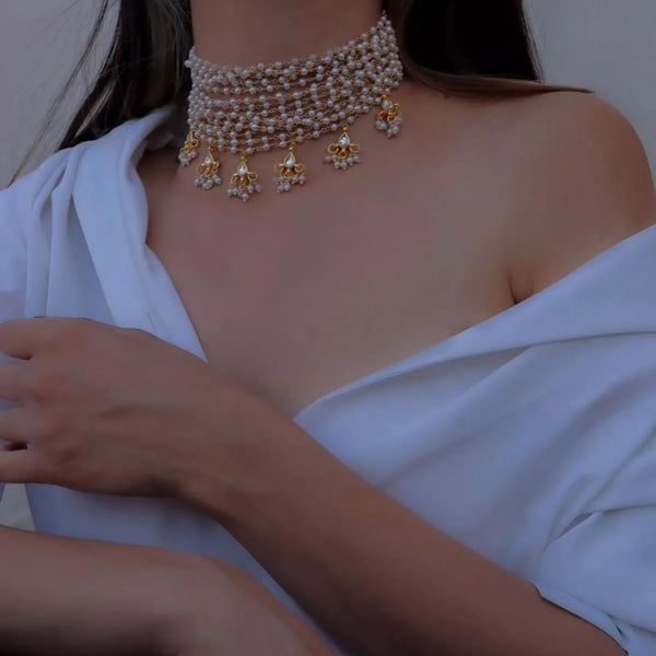 Jewel City Exquisite Gold-Plated Pearl Choker Necklace Set - Traditional Indian Bridal Jewelry Hanging Pearls - Distacart