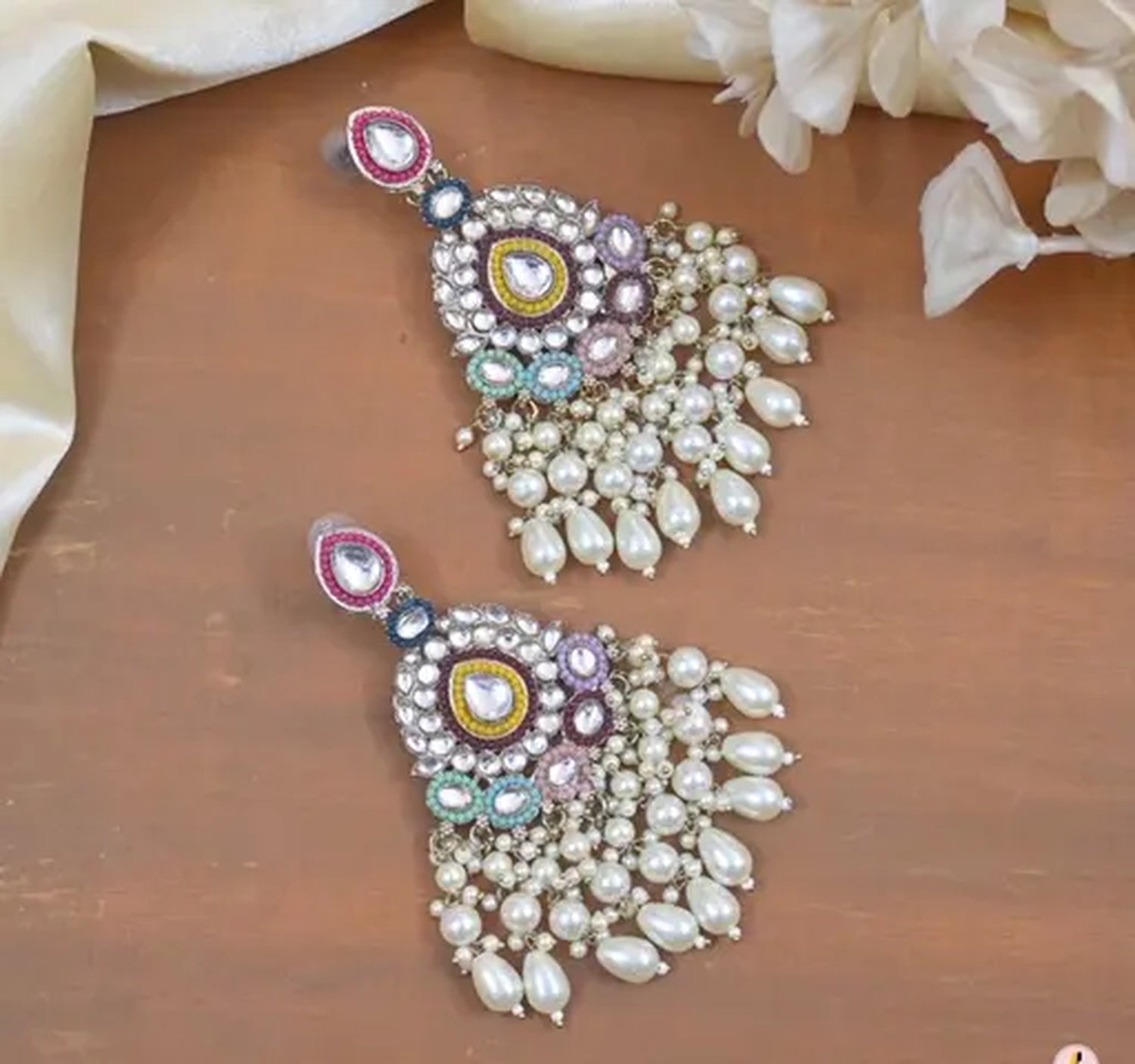 Jewel City Handcrafted Multicolor Kundan Pearl Chandbali Earrings | Traditional Ethnic Gold-Plated Indian Jewelry