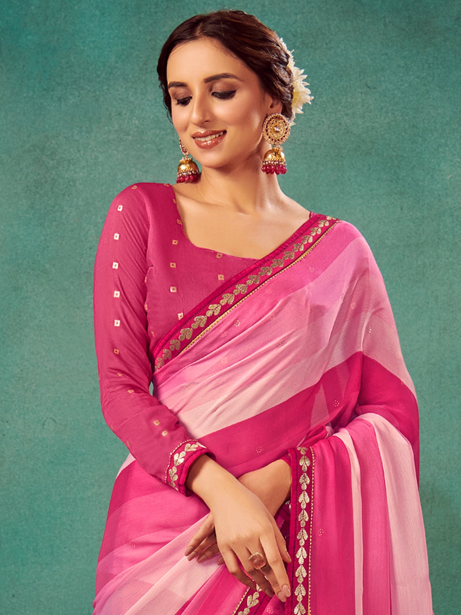 NOZ2TOZ Women's Chiffon Pink Embellished Designer Saree With Blouse Piece - Distacart