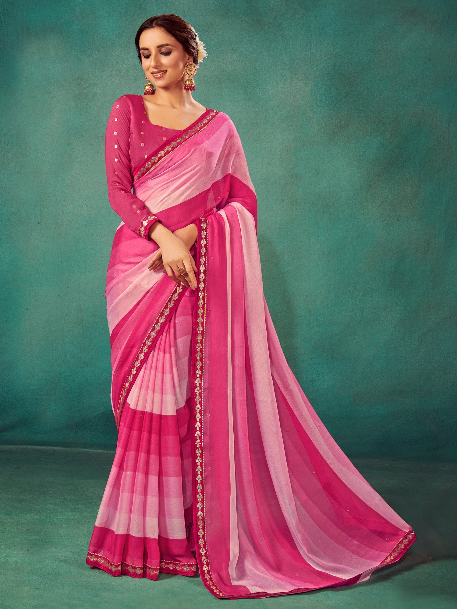 NOZ2TOZ Women's Chiffon Pink Embellished Designer Saree With Blouse Piece - Distacart
