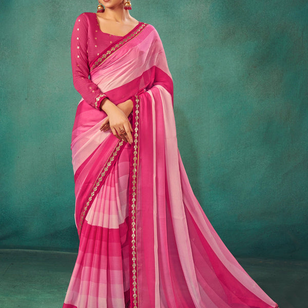 NOZ2TOZ Women's Chiffon Pink Embellished Designer Saree With Blouse Piece - Distacart
