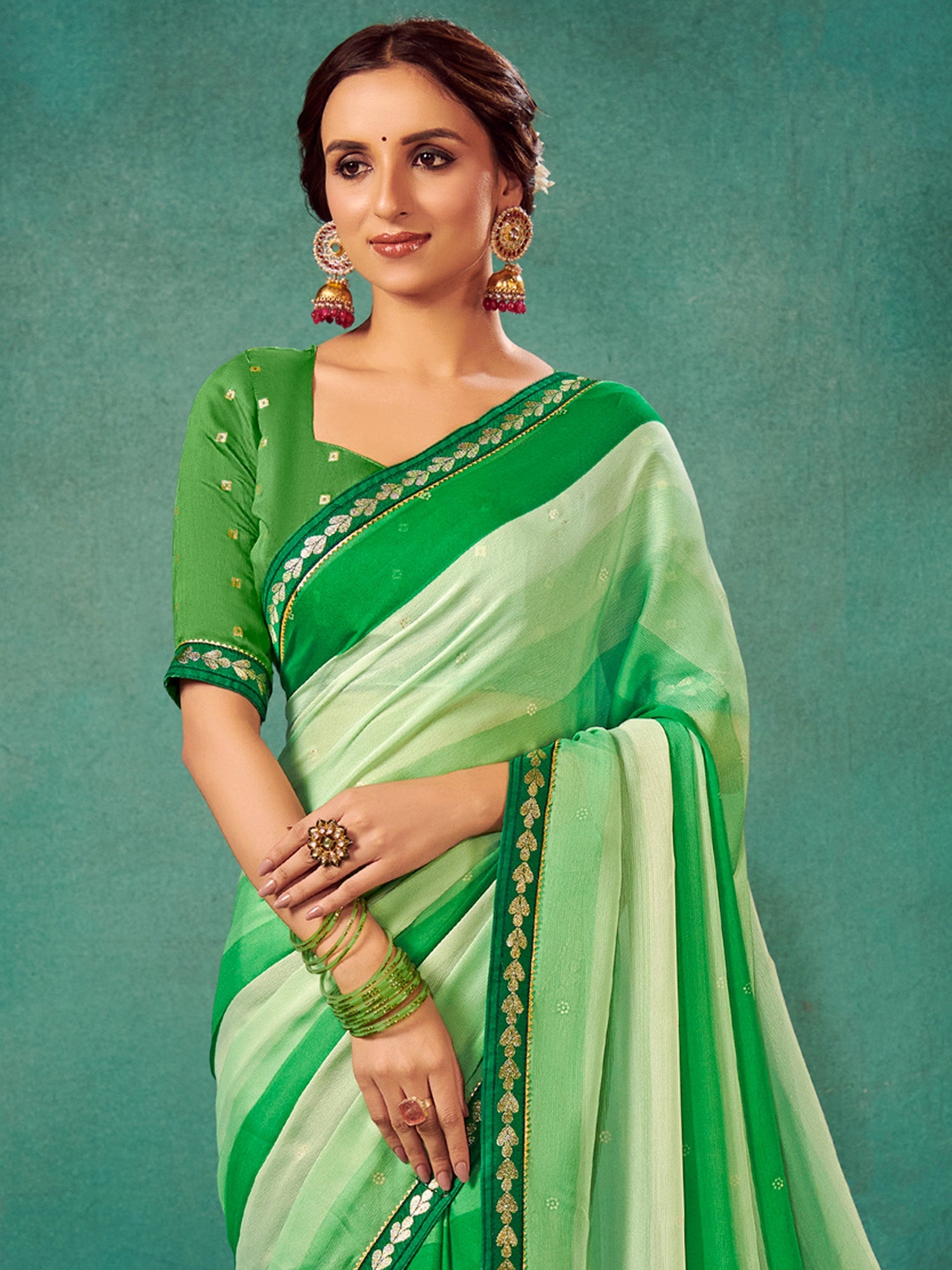 NOZ2TOZ Women's Chiffon Green Embellished Designer Saree With Blouse Piece - Distacart
