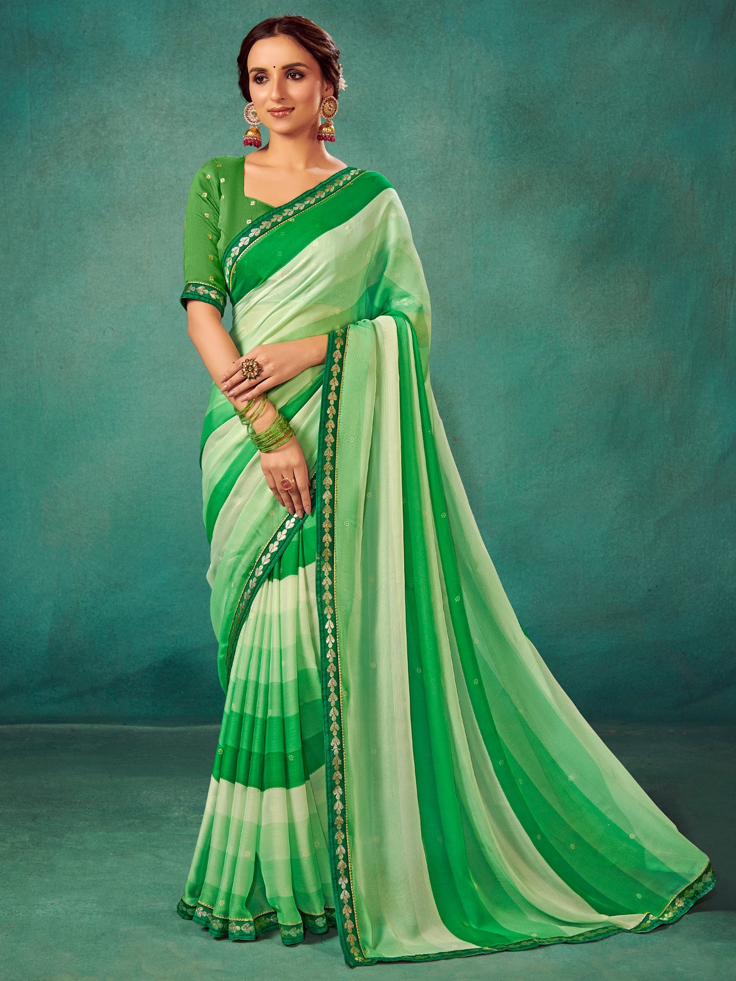NOZ2TOZ Women's Chiffon Green Embellished Designer Saree With Blouse Piece - Distacart