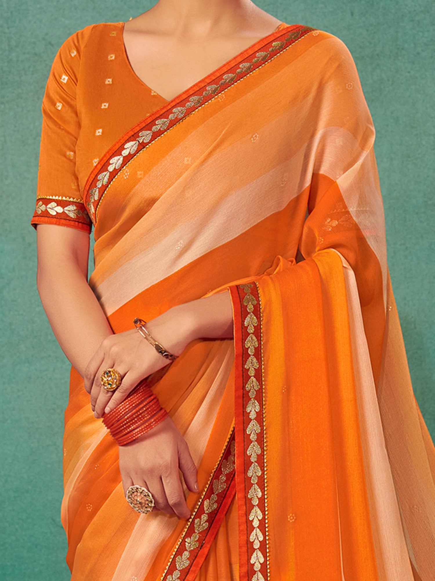 NOZ2TOZ Women's Chiffon Orange Embellished Designer Saree With Blouse Piece - Distacart