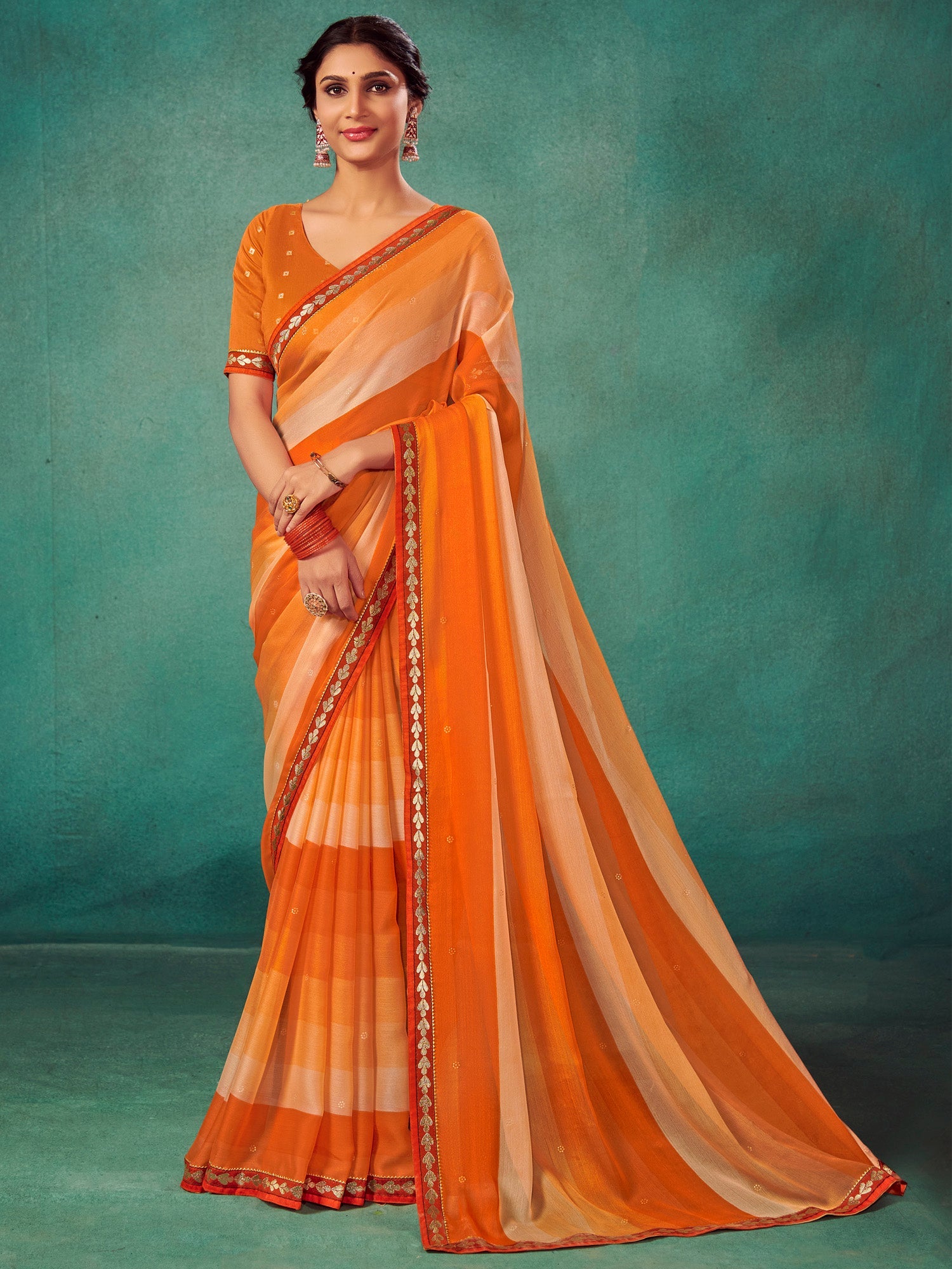 NOZ2TOZ Women's Chiffon Orange Embellished Designer Saree With Blouse Piece - Distacart