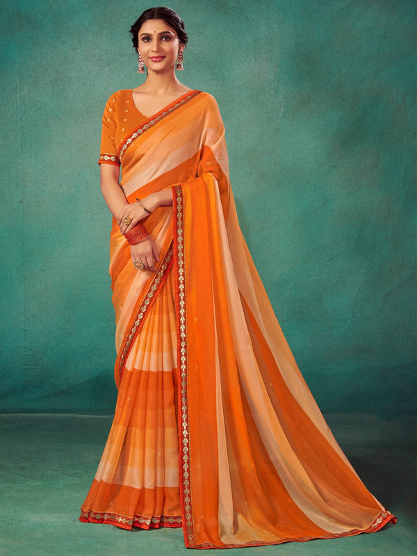 NOZ2TOZ Women's Chiffon Orange Embellished Designer Saree With Blouse Piece - Distacart
